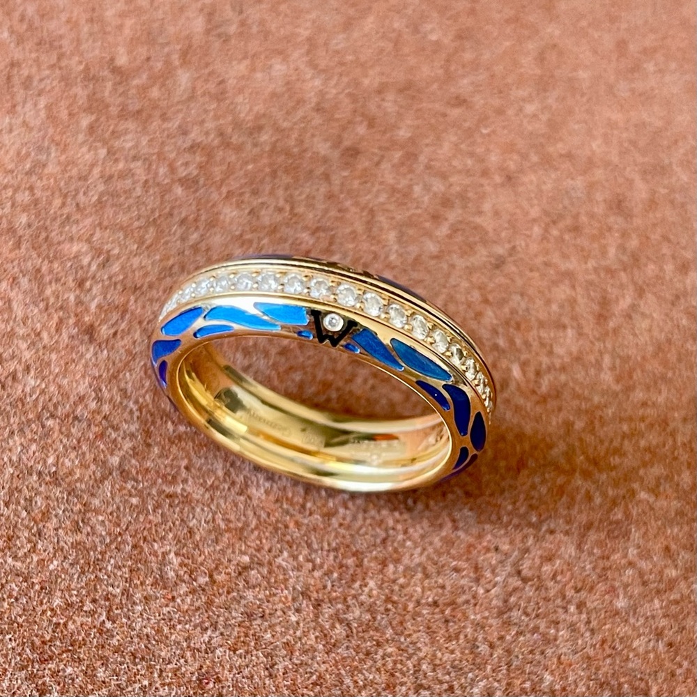 Gold and Blue Enamel Ring with Diamonds